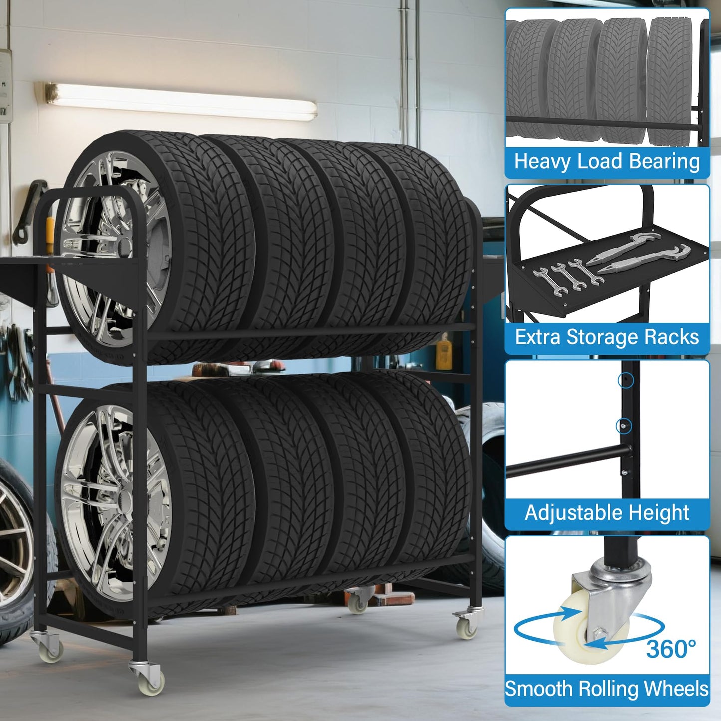 Neorexon Tire Storage Rack 57" x 55.1" x 20" w/Anti-dust Cover, Adjustable Rolling Tire Rack for Garage Black w/4 Swivel Casters & 2 Storage Shelf for Garage Storage