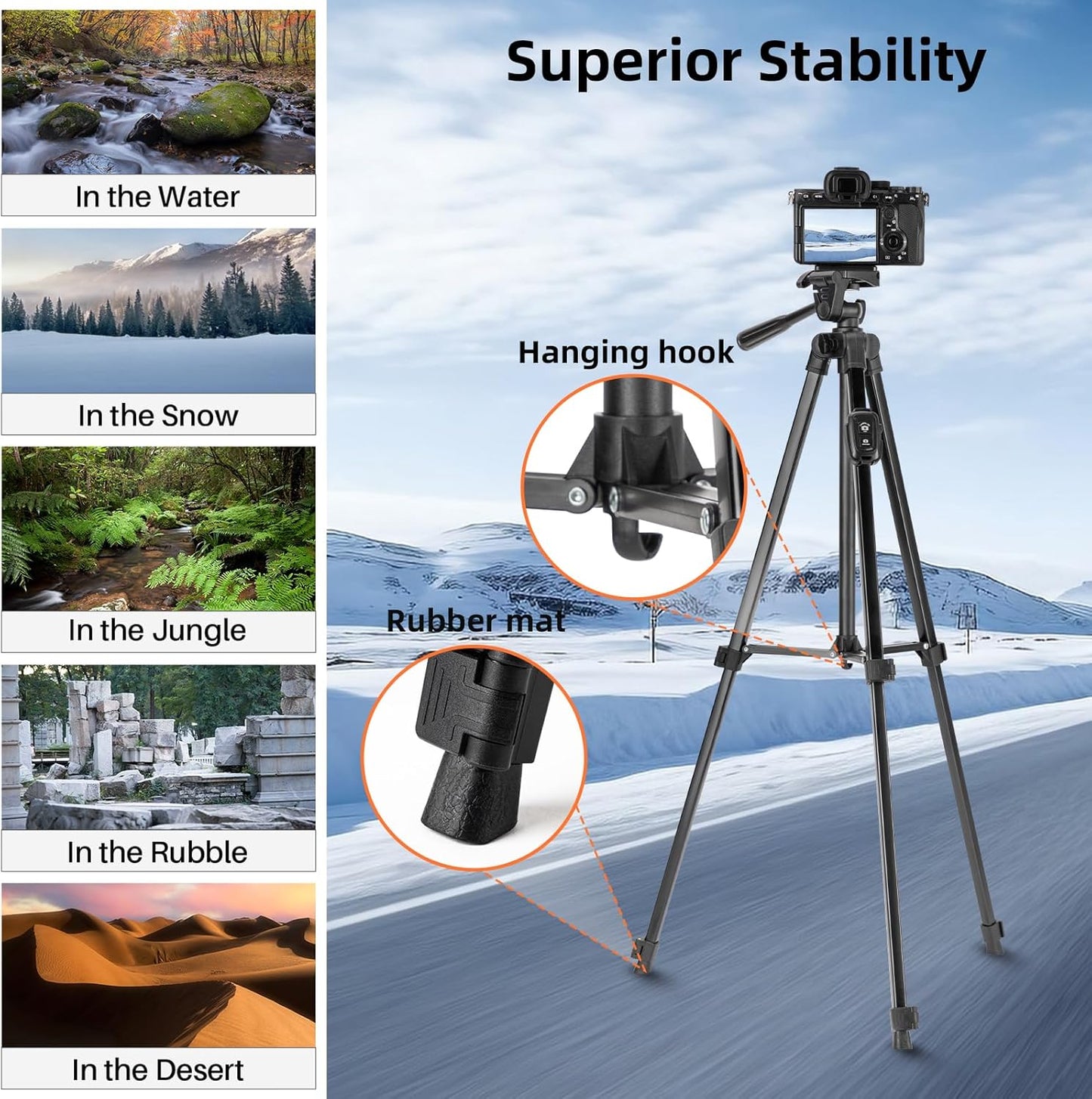Fotopro 51'' 3-Way Camera Tripod, Lightweight Portable Travel Tripods for Camera and Phone with Head Remote Control
