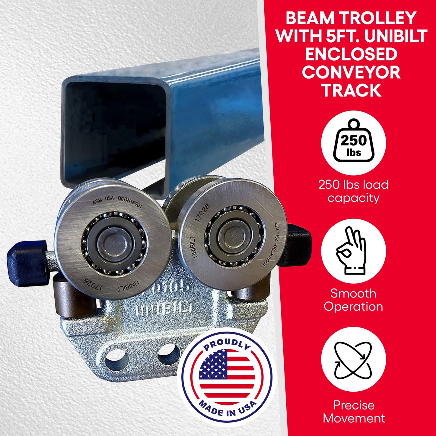 Ultimation Beam Trolley with 5-Ft Unibilt Enclosed Conveyor Track - 250LB Load Capacity per Trolley, Adjustable Steel Rollers, Industrial Hoist, Gantry Crane Lift Equipment, Metal Sliding Rail System