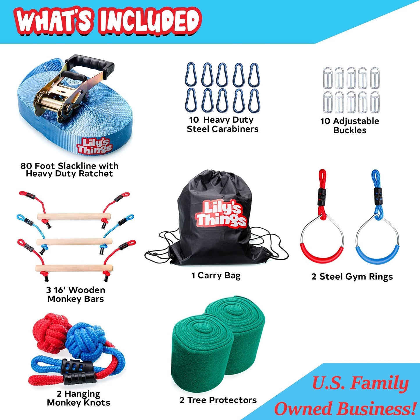 Double Ninja Slackline Obstacle Course for Kids | 80 Foot Line | Ninja Slackline Monkey Bars Playground Equipment | Ninja Ropes Course | Patented Double Line Design