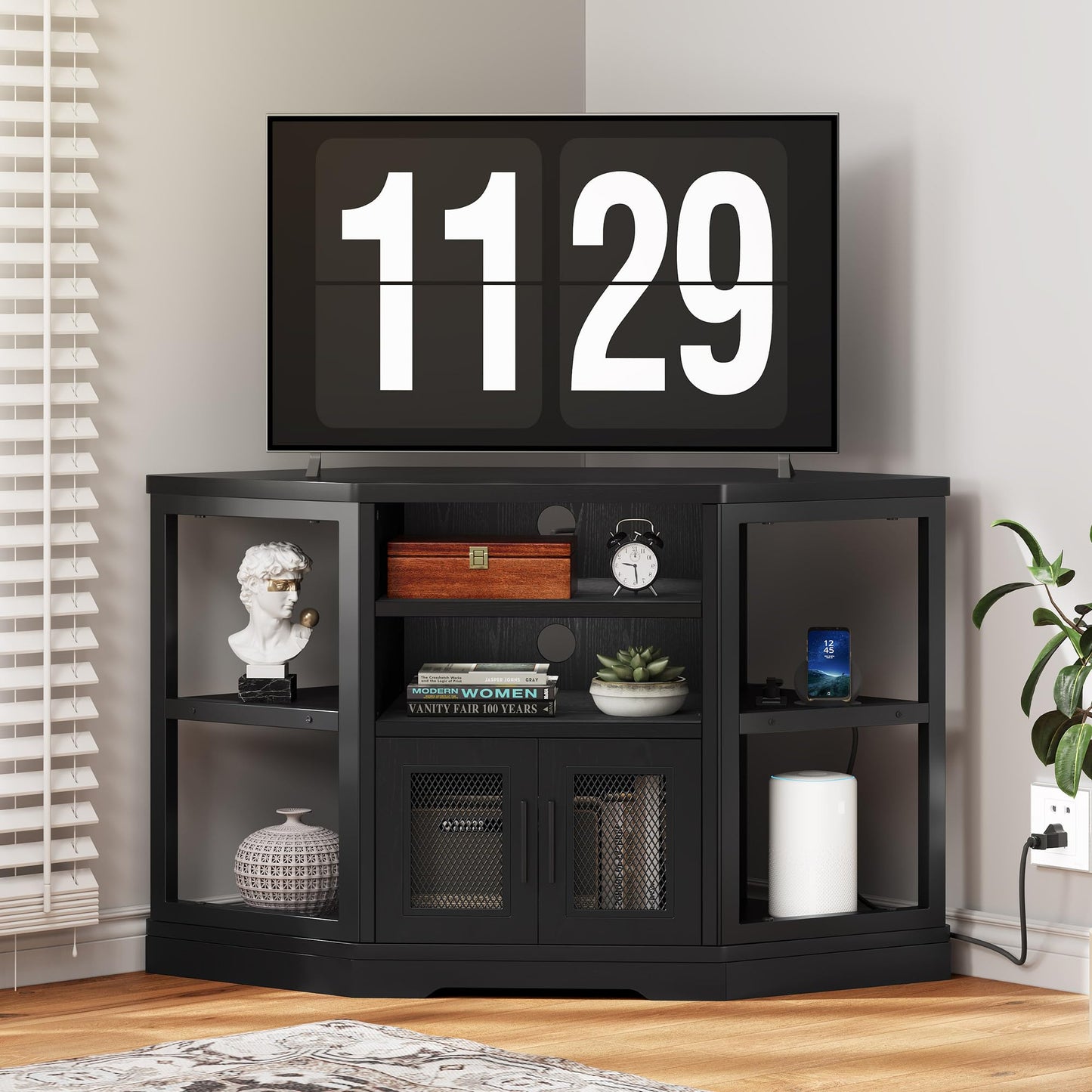 DWVO Corner TV Stand for 50 Inch TV, Farmhouse TV Stands for Living Room, Black Entertainment Center with Storage & Power Outlets, Wood TV Console Cabinet, Black