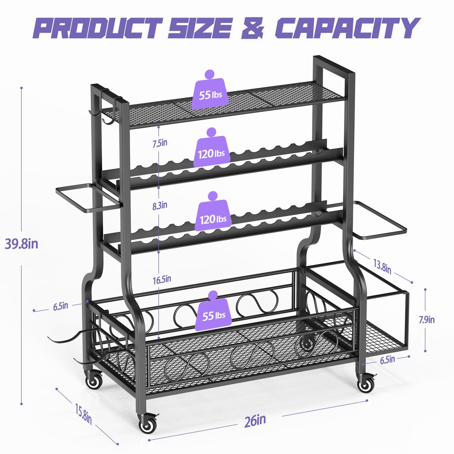 Dumbbell Weight Rack, Home Gym Storage for Kettlebells Yoga Mat and Balls, All in One Workout Storage with Wheels and Hooks, Powder Coated Finish Steel