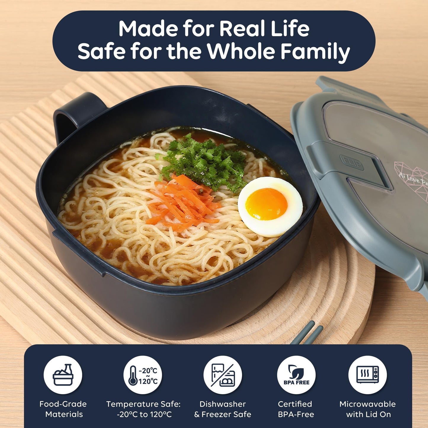 AI LOVE PEACE Microwavable Ramen Bowl Cooker with Lid - Leakproof Noodle Container with Built-In Utensils, BPA-Free, Dishwasher & Freezer Safe [Navy]