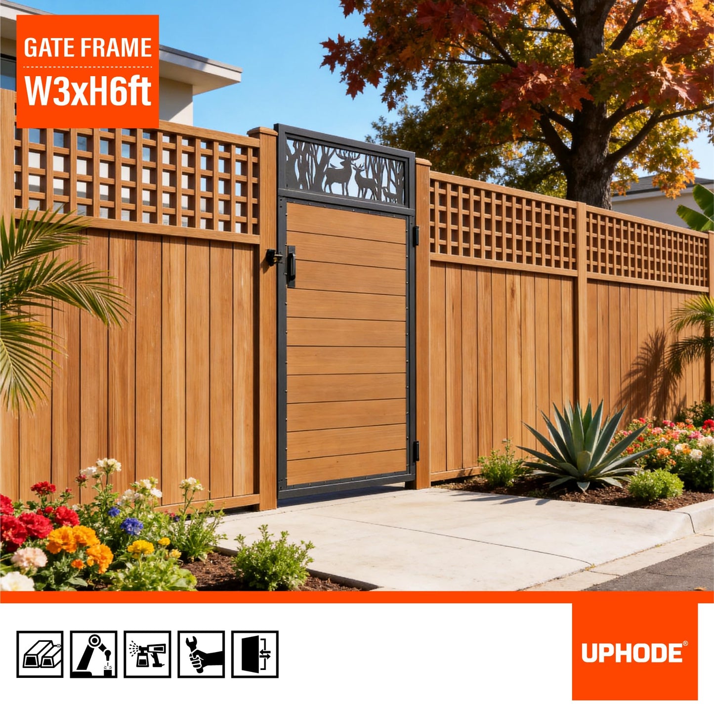 Uphode 3x6FT(34.8" x 70.8") 201 Stainless Steel Fence Gate Kit Heavy Duty, Anti Sag Metal Fence Gate Frame Kit with Board, Morden Garden Gate Hardware Kit Outdoor (Left/Right Free-Installation)