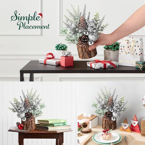 Hatisan Small Christmas Tree - Artificial Pine Cone & Berry Decor | Tabletop Holiday Decoration (Silver Round)