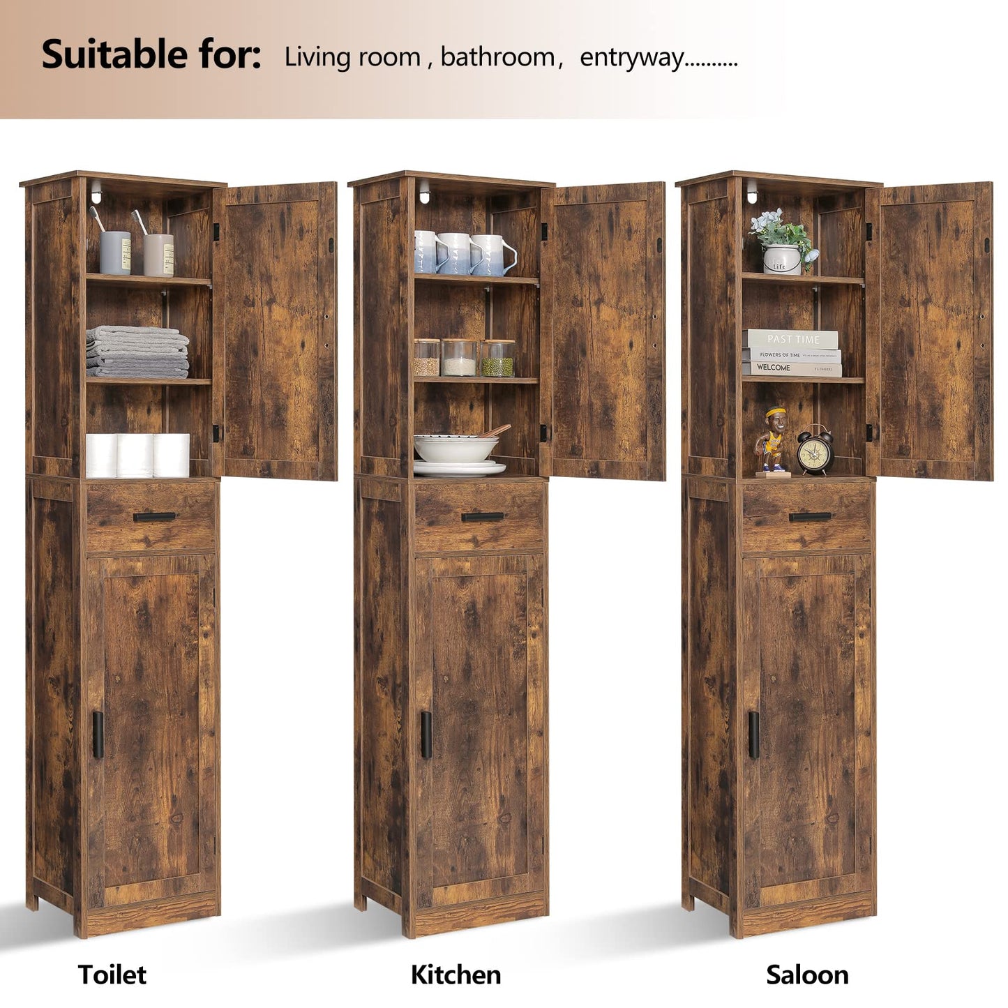 usikey 67'' Tall Storage Cabinet with Adjustable Shelves & 2 Doors, Bathroom Cabinet with 1 Drawer, Narrow Tall Cabinets for Living Room, Home Office, Rustic Brown UNSNG040F
