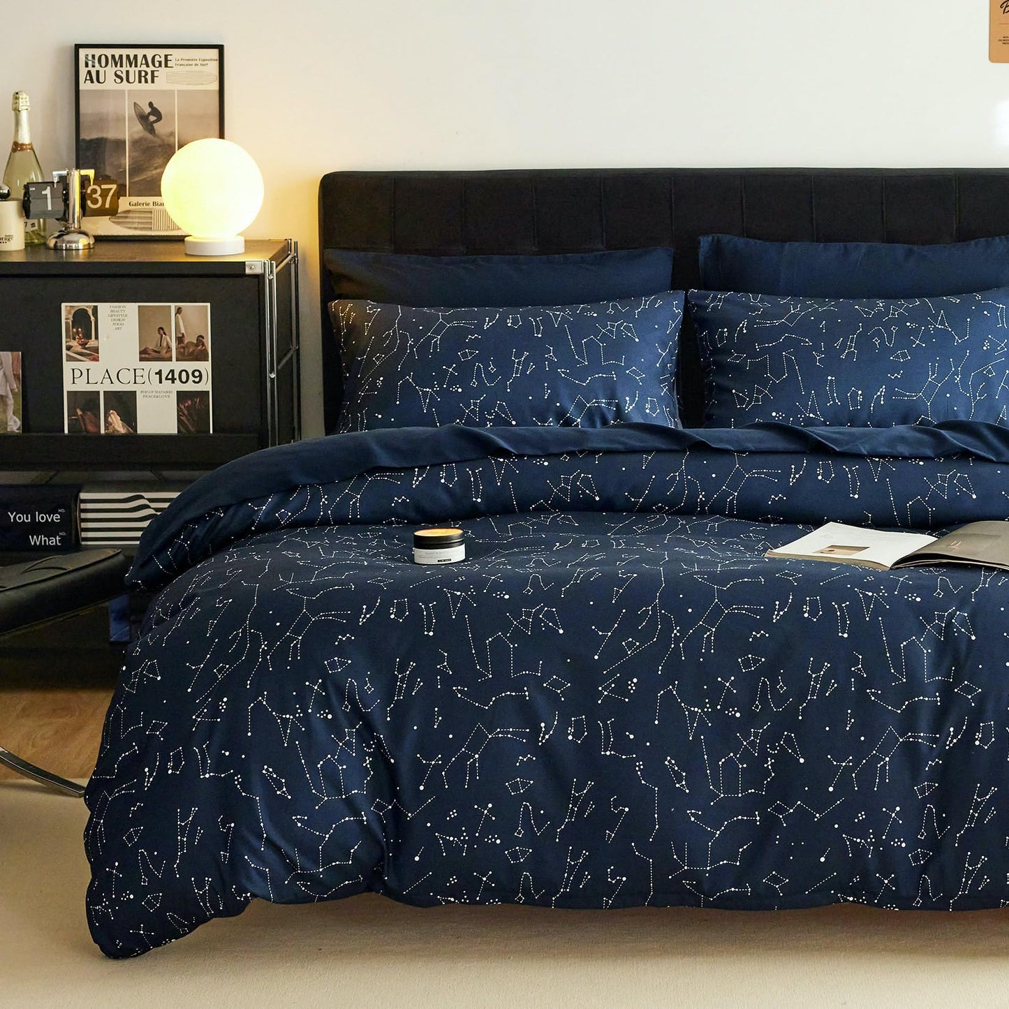 Wake In Cloud - Constellation Comforter Set, Celestial Space Star Galaxy Astrology, Soft Lightweight Bedding for Teen Kids Boys Girls, 3 Pieces, Indigo Purple, Queen Size