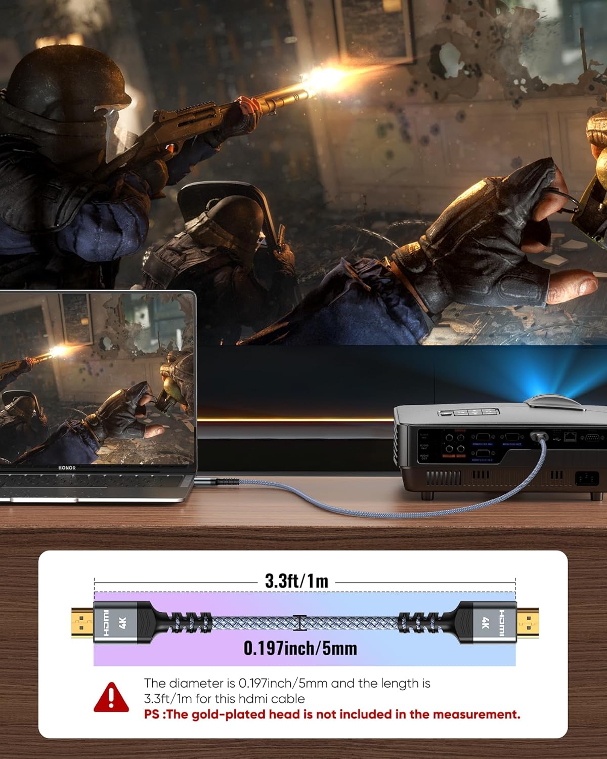 4K 3.3FT/1m 4K@60Hz 2.0 18Gbps 3D, 2.2, PS-5/4/3/4K Highwings HDMI Cable HDR Braided HDMI Cord, High Speed