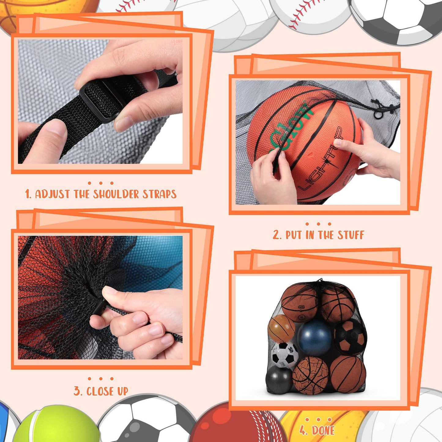 Woanger 3 Pcs Thickened Extra Large Sports Ball Bag Mesh Soccer Net Ball Bag Drawstring Bags Team Work for Holding Basketball, Volleyball, Baseball with Shoulder Strap, 35.4 x 27.5 Inch(Black)