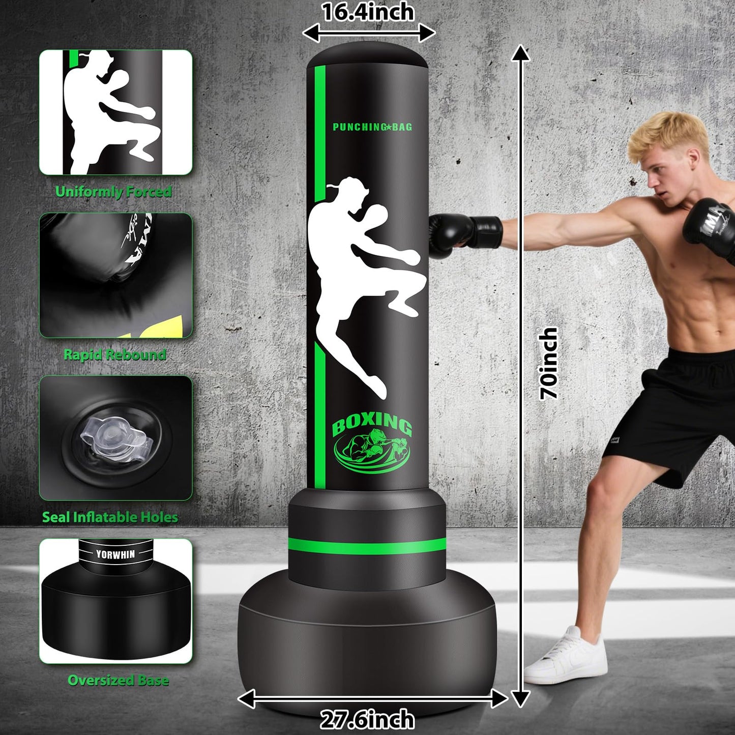 Freestanding Punching Bag with Gloves, 70'' Heavy Boxing Bag with Stand for Adult Teens, Standing Women Men Inflatable Kickboxing Bags for Beginners Training MMA Muay Thai Fitness