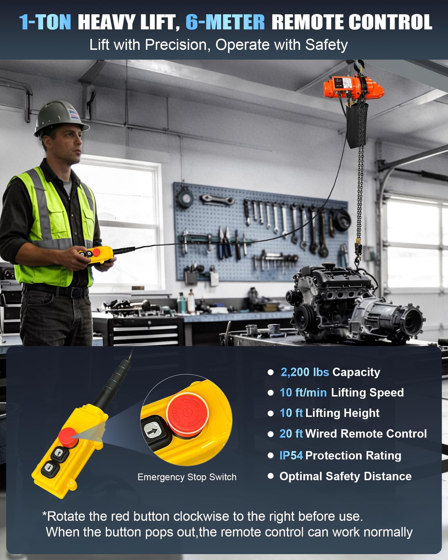 USYATO Electric Chian Hoist, 2200 lbs Material Handling Tool, Electric Hoist with 20 ft Wired Remote Control, 120V Single Phase Overhead Crane with Chain for Warehouses, Factories, Attic