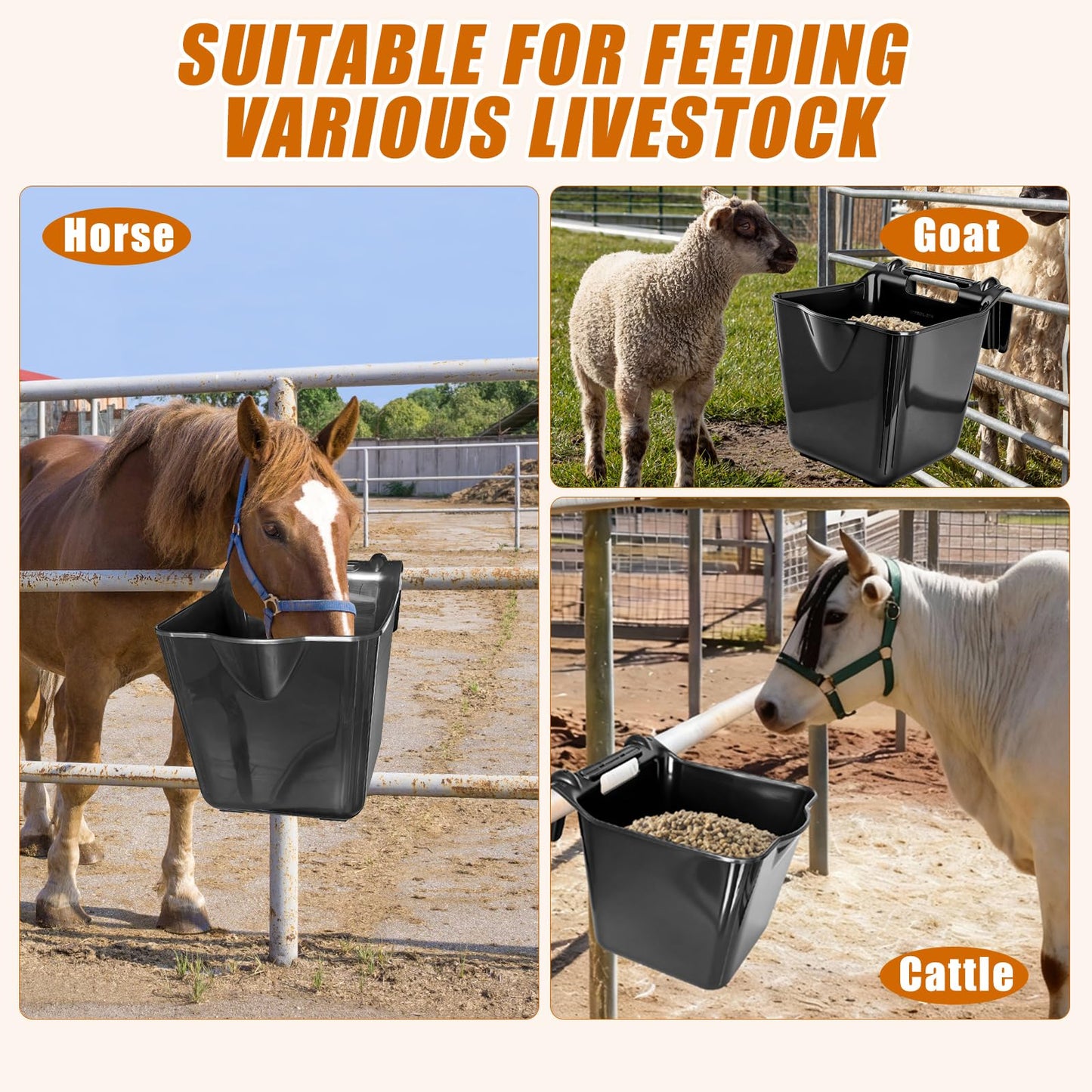 MIYABALA Horse Feed Bucket,15 Quart Plastic Hook Over Horse Feeder for Easy Hanging,Mountable Heavy Duty Livestock Feeders for Horses Sheep Cattle Cows (6)