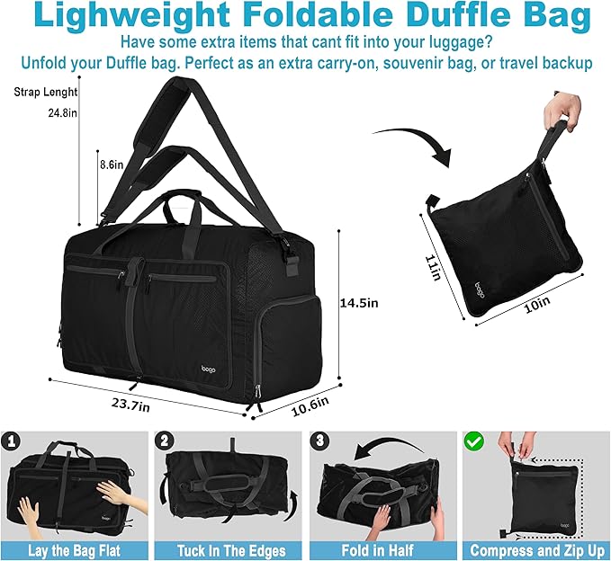 Bago Foldable Duffel Bags for Traveling Women & Men - 60L Medium Packable Duffle Bag for Travel with Shoe Compartment - Water Repellant, Heavy Duty, Lightweight Folding & Collapsible (All Black)