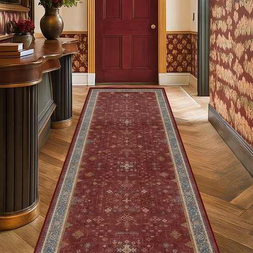 Hazo Haus Non-Slip 10ft Long Hallway Runner Rug - Washable Waterproof Burgundy 2x10 Mat | Oriental Turkish Design
