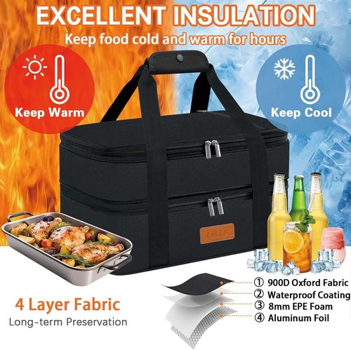 LHZK Insulated Casserole Carrier - Expandable Design for Hot or Cold Food | Fits 11 x 15 or 9 x 13 Dishes (Black)