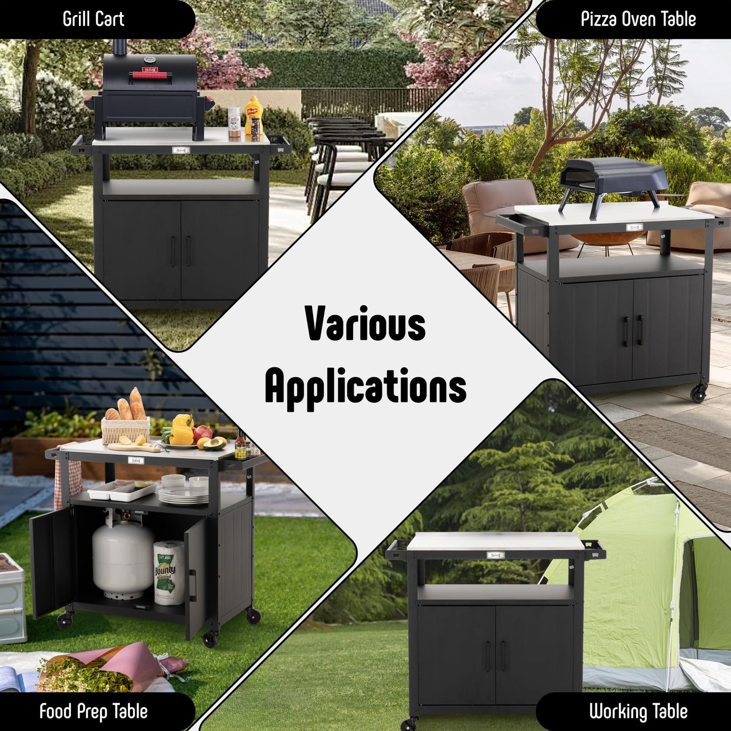 Feasto Outdoor Grill Cart with Stainless Steel Tabletop and Storage Cabinet, Movable Kitchen Island with Wheels for BBQ Food Prep, Black