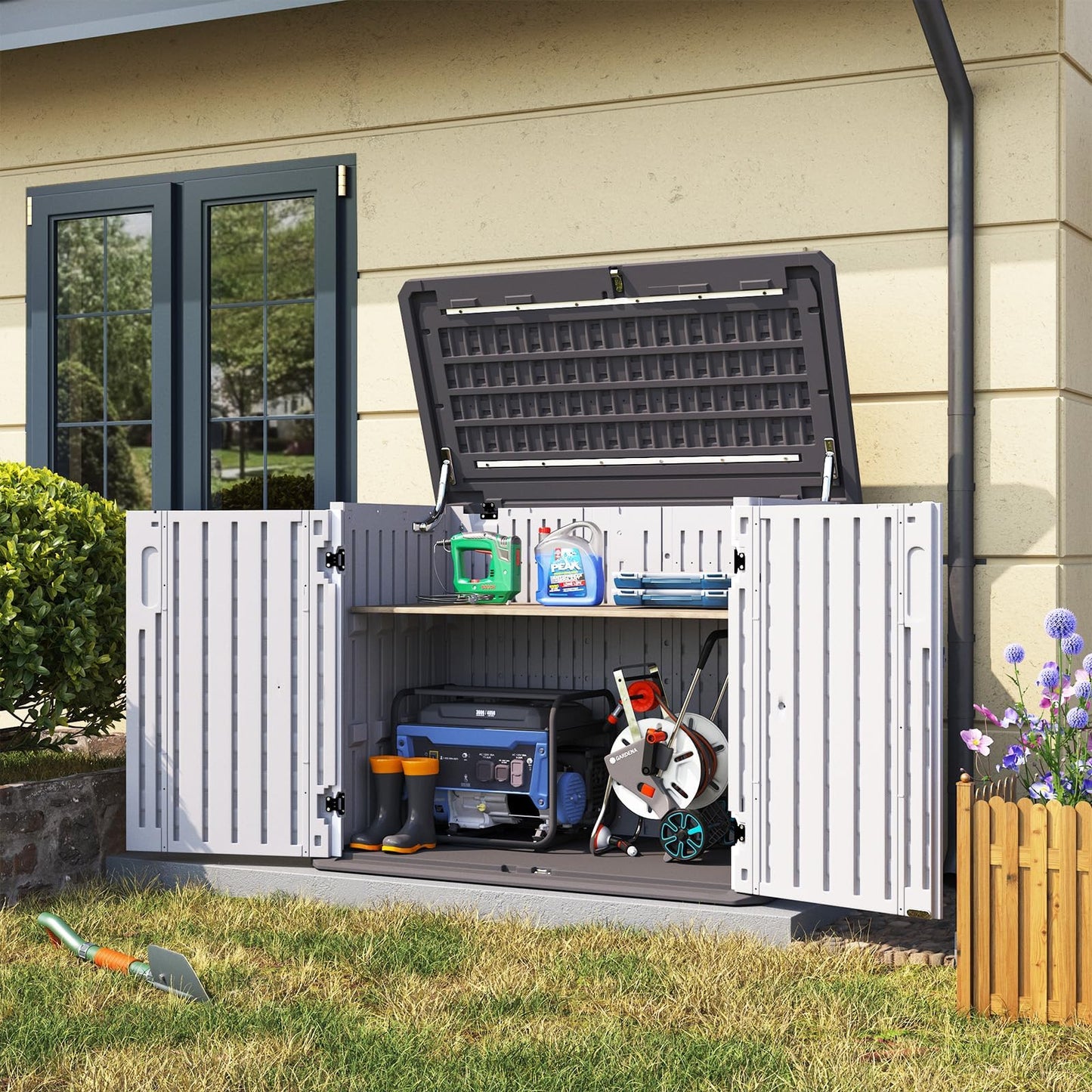Aoxun Outdoor Storage Cabinet 35 Cu.Ft Resin Waterproof Horizontal Storage Shed for Garbage Bin, Generator, and Lawn Mower (White)