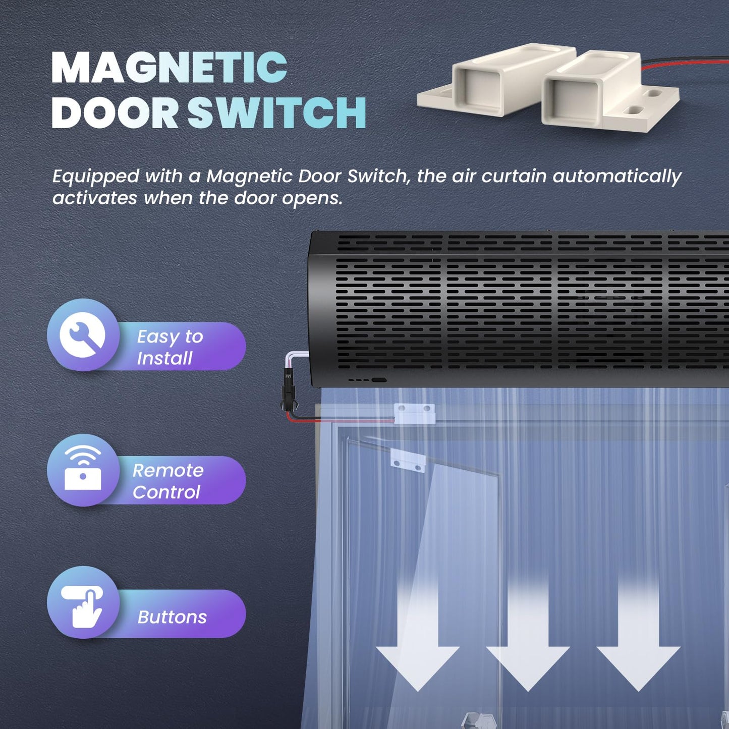 Crispaire 36" Black Air Curtain with Magnetic Door Switch 1527 CFM/2559 FPM Two-Speed Adjustable 180W Powerful Commercial Indoor Air Door Easy Installation Industrial Fan (Not an air conditioner)