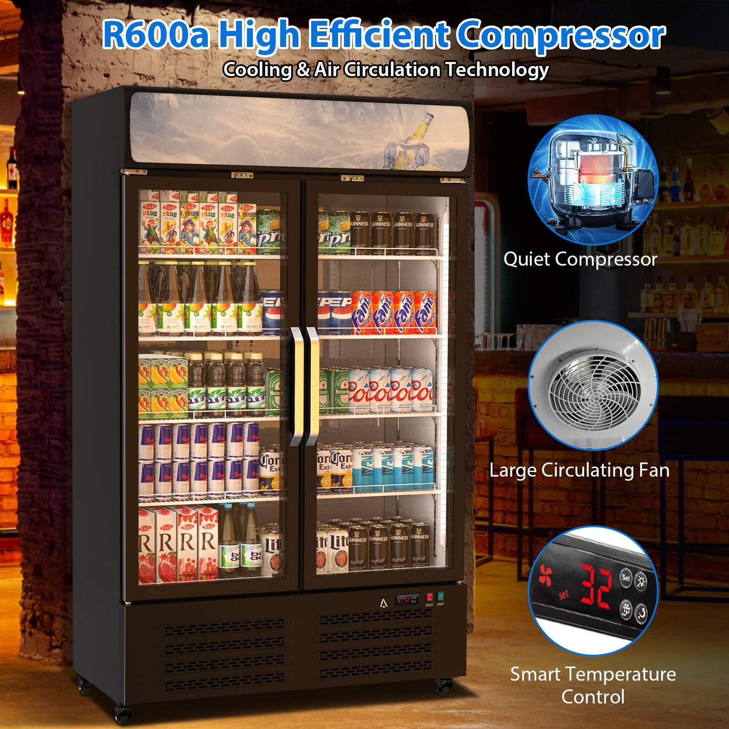 GAOMON Commercial Refrigerator, Commercial Beverage Display Cabinet with LED Top Panel, 32-50°F Adjustable, 25.3 Cu Ft Double Glass Door Merchandiser Fridge for Restaurant, Convenience Store, Black