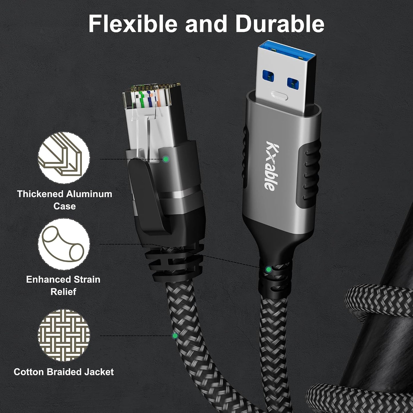 20 3.0 RJ45 5 USB to Ethernet Cable FT, USB A Male to Male Cord, Directly Connected, Aluminum Portable Gigabit LAN