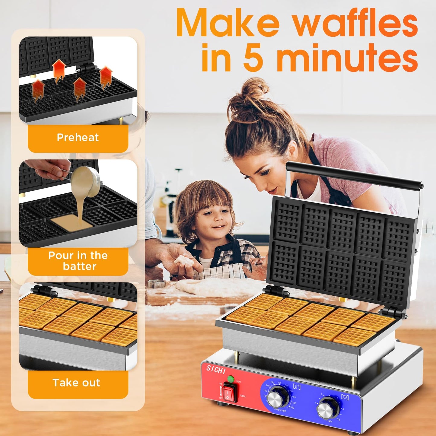 HTTSICHI Square Waffle Maker - Commercial Waffle Iron w/Non-stick Baking Pans, 550 ℉ Temperature and Timers, 1550W Hotel Waffle Machine for Double Baking, Professional Stainless Steel Waffle Maker