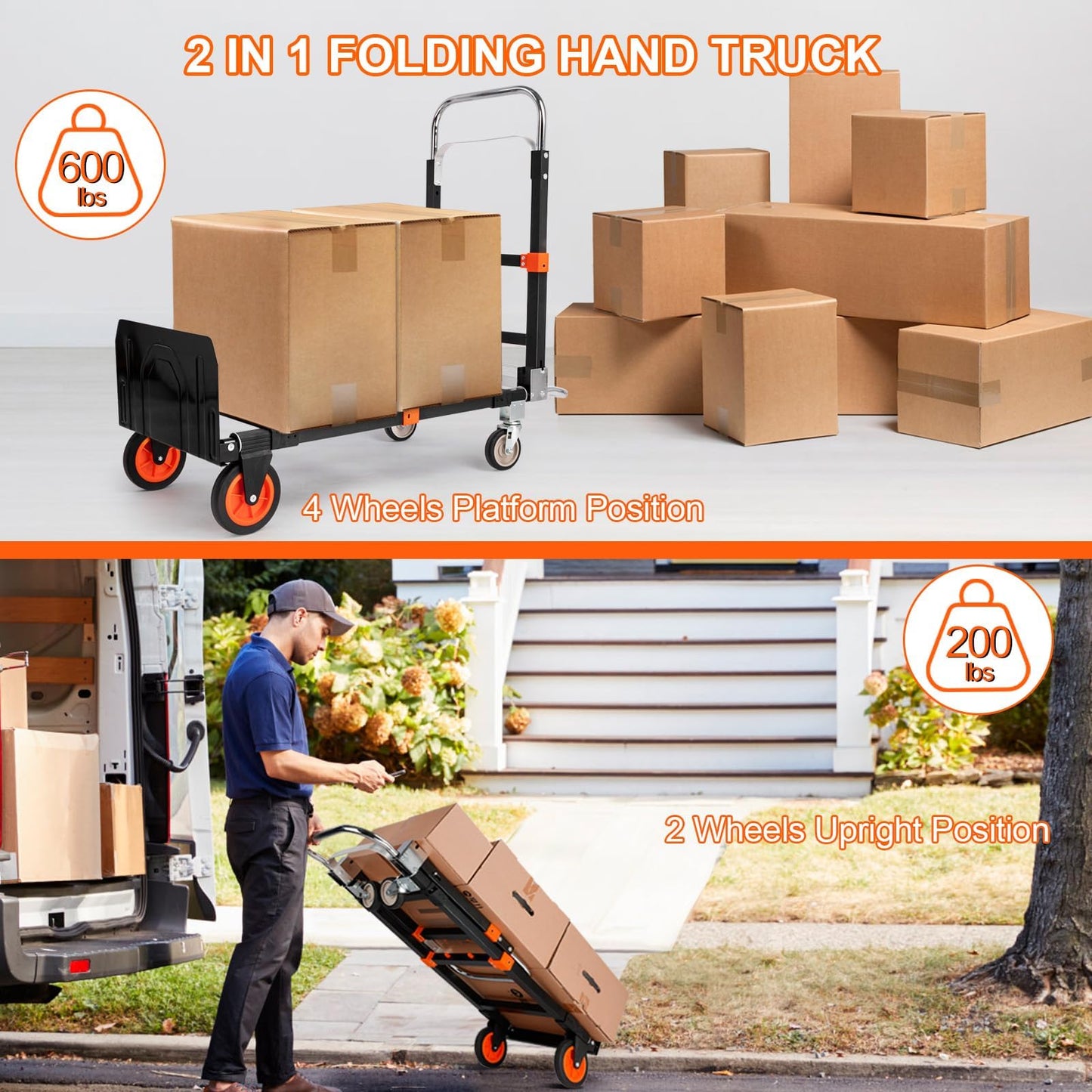 3-in-1 Aluminum Hand Truck Dolly, 660 lbs Heavy Duty Folding Trolley with Universal Wheels, Collapsible Platform Truck with Tie Down Straps for Warehouse, Supermarket, Office
