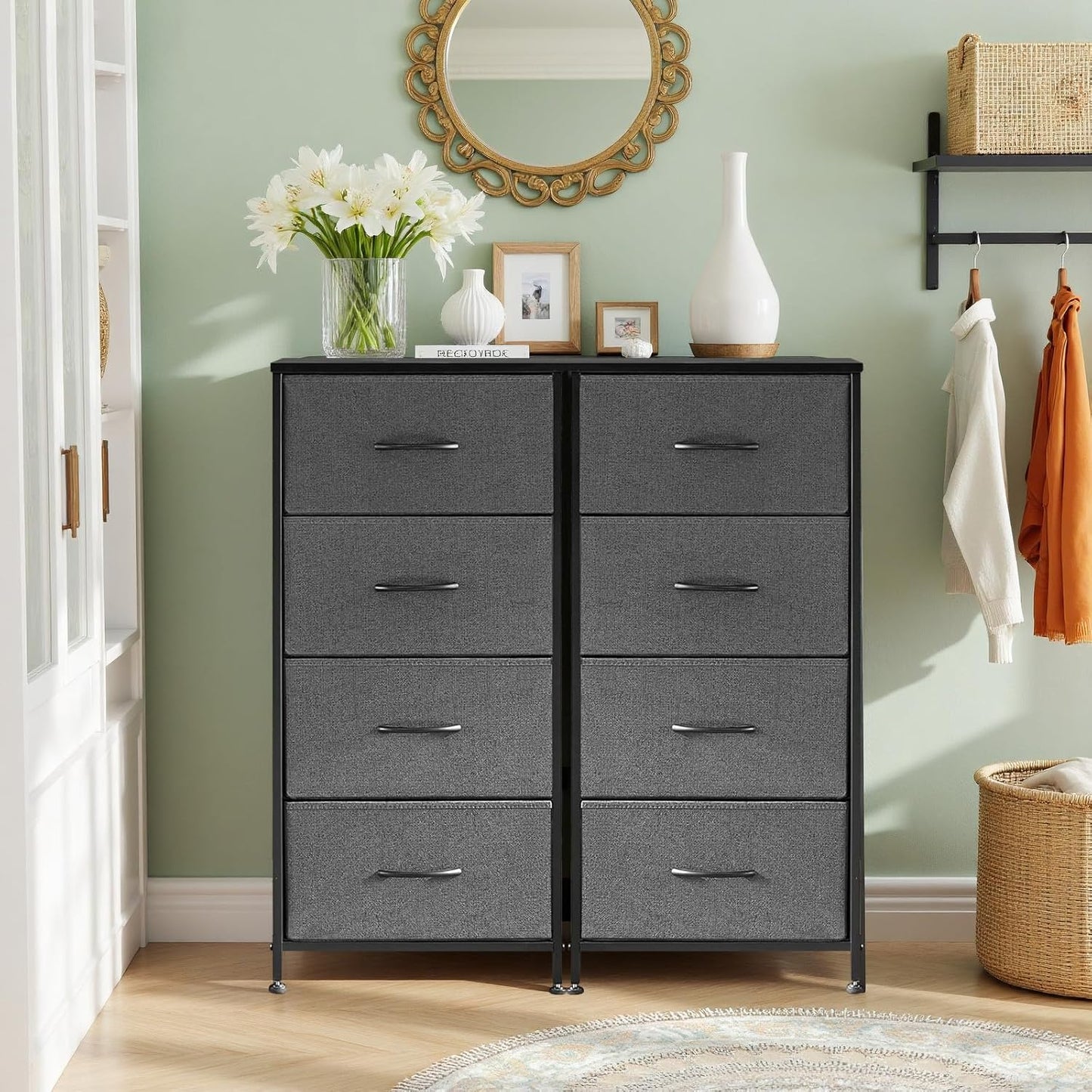 Regine Switzerland Nightstand - 4 Drawer Dresser with Wooden Top & Steel Frame | Gray Fabric Bins for Bedroom & Living Room