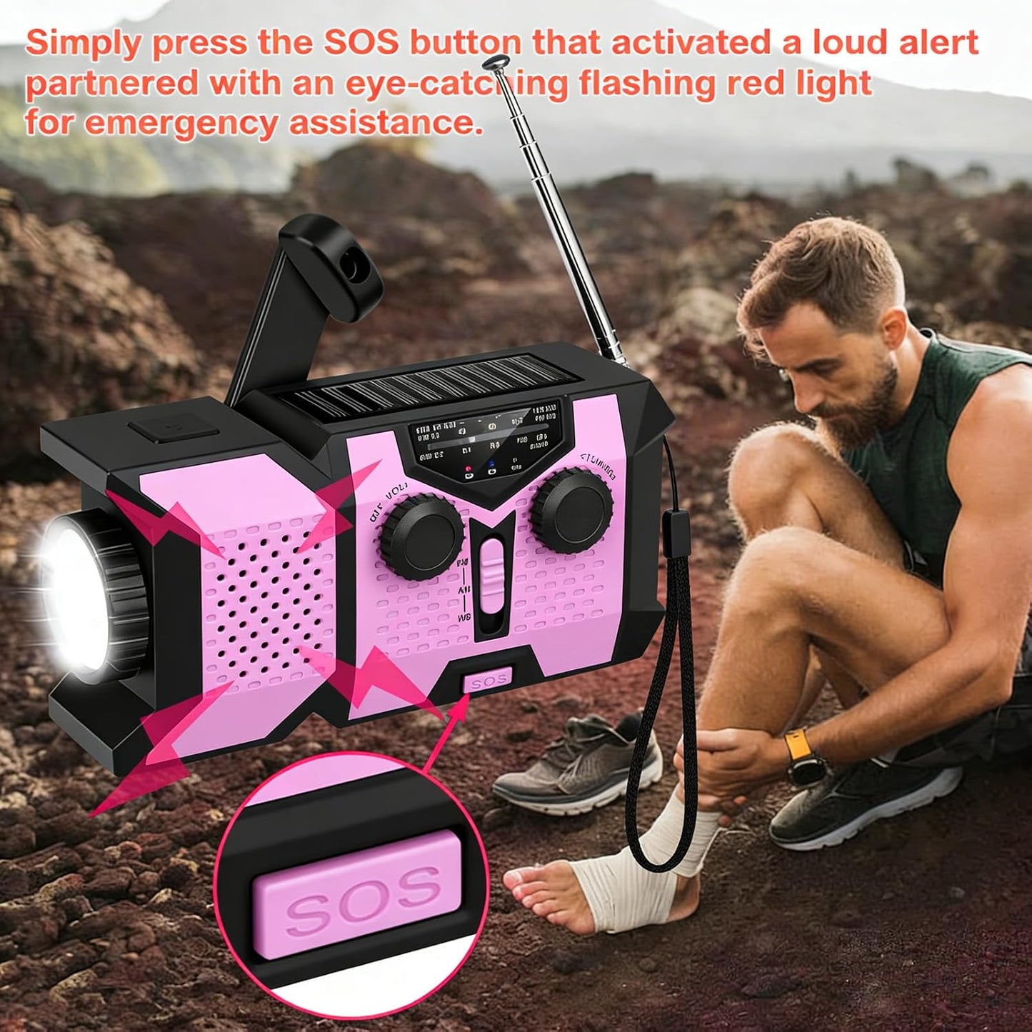 Walfront Emergency Weather Radio AM FM WB Rechargeable Solar Hand Crank Power Bank with LED Flashlight for Outdoor