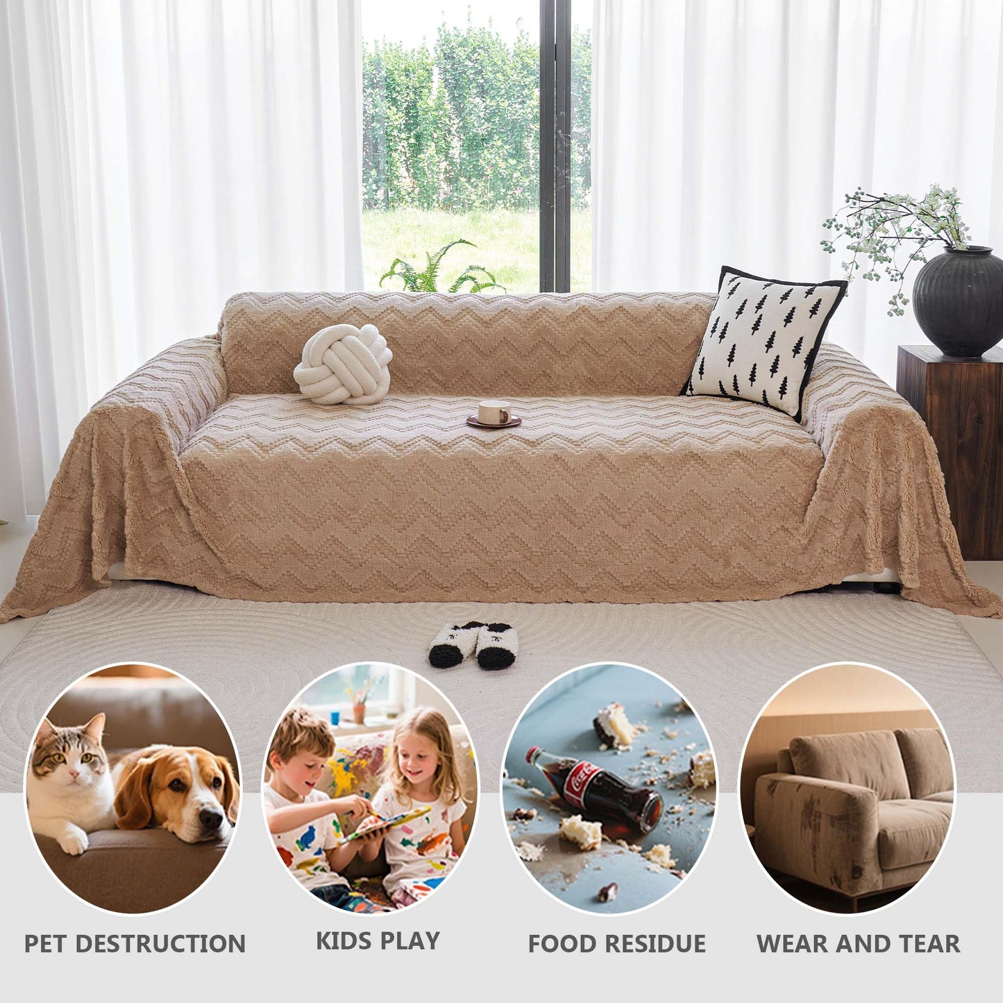 Yajue Chenille Couch Cover for 3 Cushion Sofa Pet Friendly Furniture Covers, Boho Sofa Covers Washable L Shape 3 Seater Couch Cover, 71"x 150", Beige