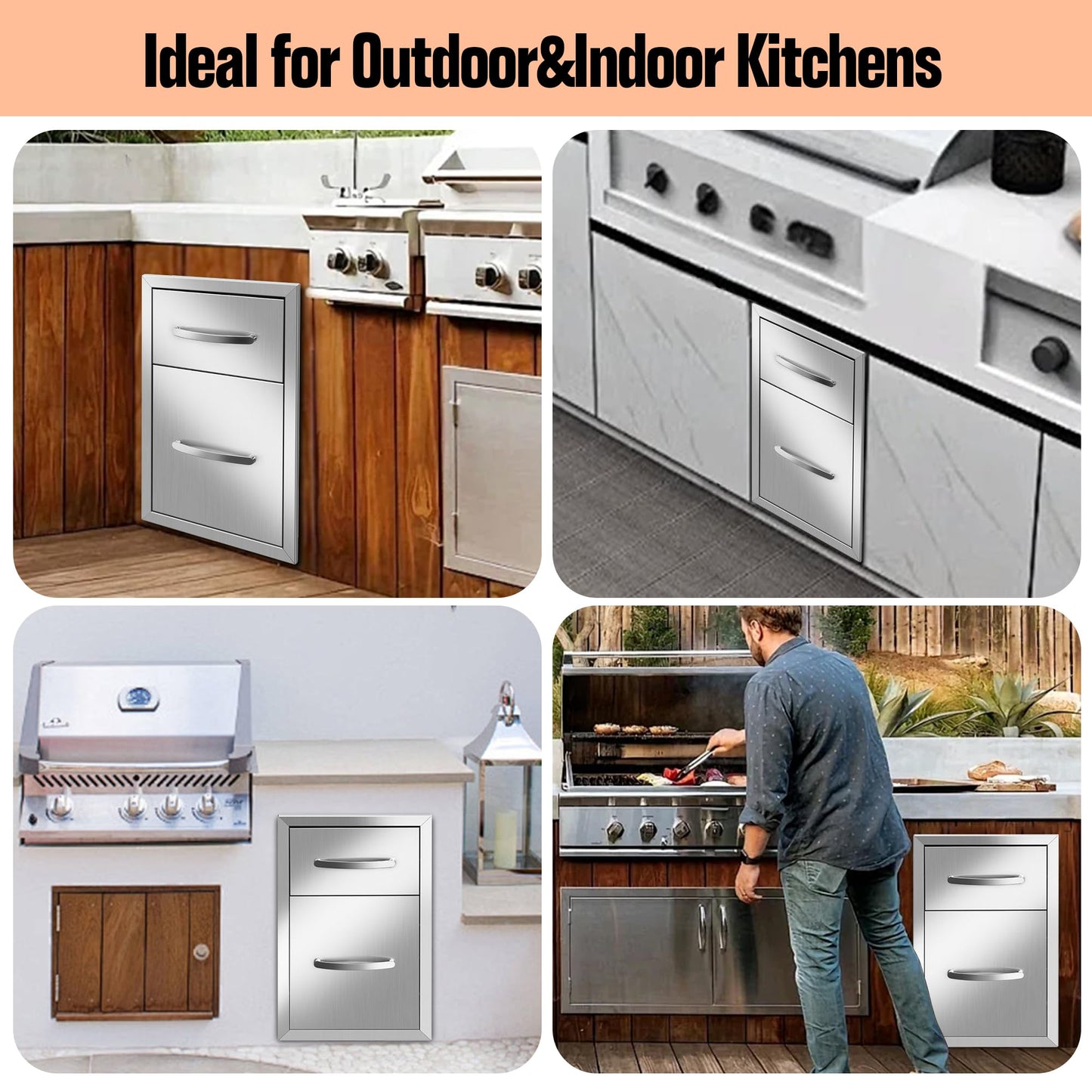 RAILEN Outdoor Kitchen Drawers 13" W x 20" H x 21" D Built-in BBQ Drawer Stainless Steel Access Drawers for Outdoor Kitchen Island or Grill Station