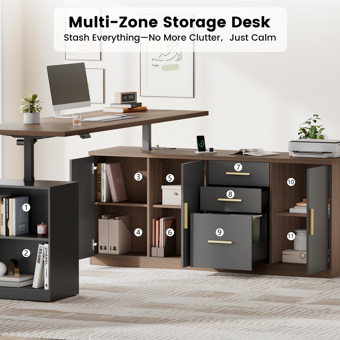 ModernMate L Shaped Electric Standing Desk with Drawers & File Cabinet, 67x60 Corner Executive Workstation, 59" One-Piece Desktop, Height Adjustable with Charging Station for Home Office, Black Walnut