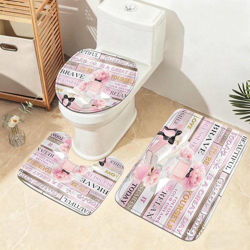 AZHM Shower Curtain Set - Pink Floral Design with Inspirational Quotes | 4-Piece Bathroom Decor