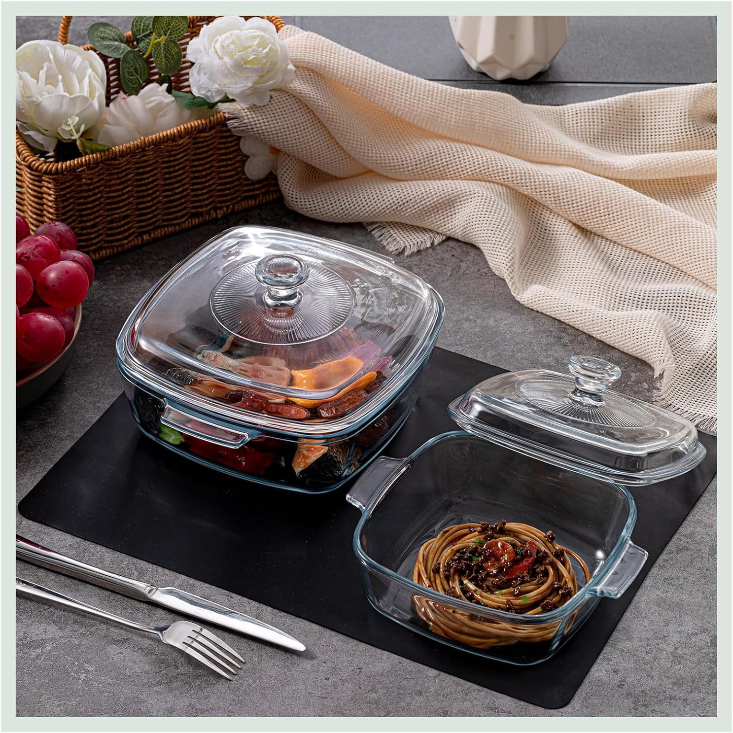 Teenyyou Glass Casserole Dish Set - 2 Pcs with Lid, Baking Gloves & Heat Resistant Mat | 1.5L & 0.8L