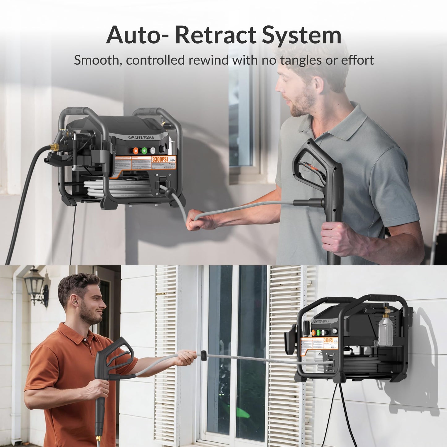 Giraffe Tools Crossfalls Retractable Pressure Washer Max, 3000PSI, 1.45GPM, 1800W Induction Motor, Wall Mounted Electric Power Washer with 50ft Pressure Hose, 4-Nozzles, Foam Cannon, Automatic Rewind