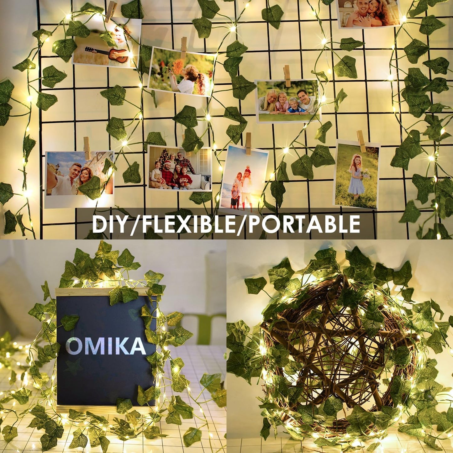 OMIKA 66FT Ivy String Lights - 200 LED Waterproof Fairy Lights with Remote for Bedroom & Garden Decor | Warm White