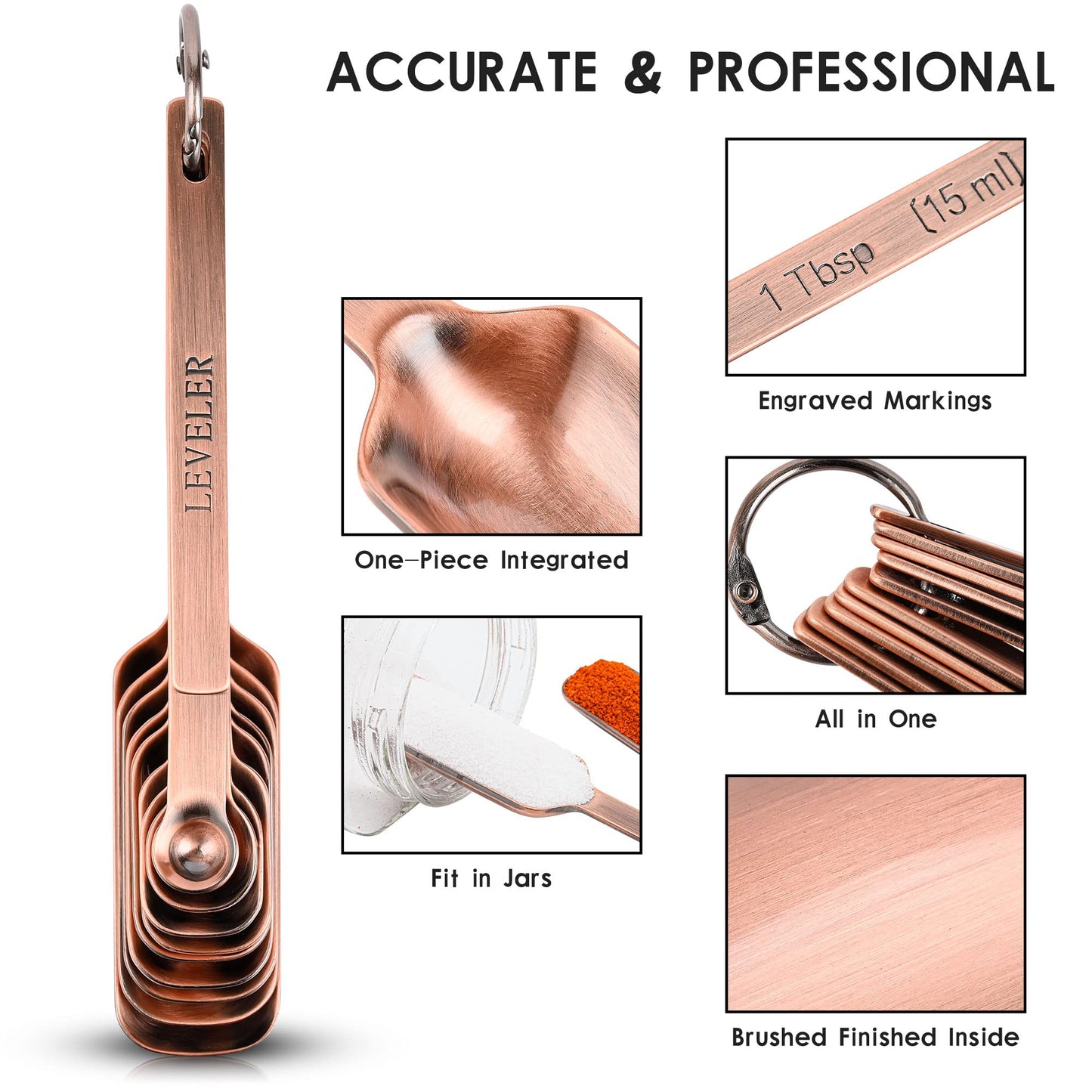 zoyizi Copper Measuring Spoons Set 10, Stainless Steel Measuring Spoons for Kitchen & Baking, Long Handle Metric & US Metal Measure Spoon with 1/16tsp, 3/3tsp, 2/3tbsp for Spice Jar
