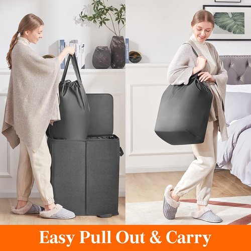 Lifewit Double Laundry Hamper - Large Collapsible Basket with Lid & Removable Bags | 136L Black