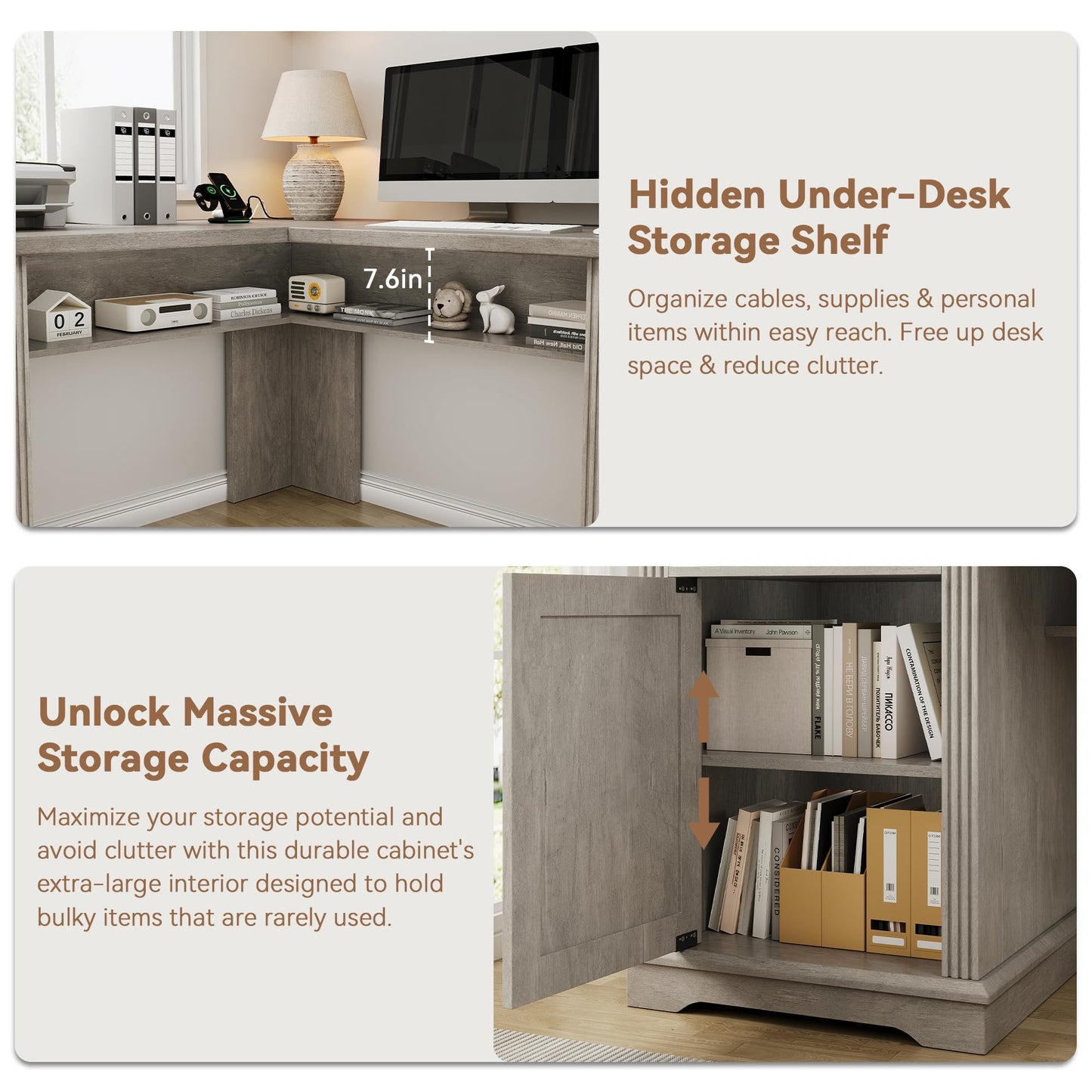 Farmhouse L Shaped Executive Desk with 4 Drawers, Home Office Desk with Hidden Under-Desk Storage Shelf and Charging Station, File Cabinet Storage, Wood Corner Computer Desk for Work and Study(Grey)