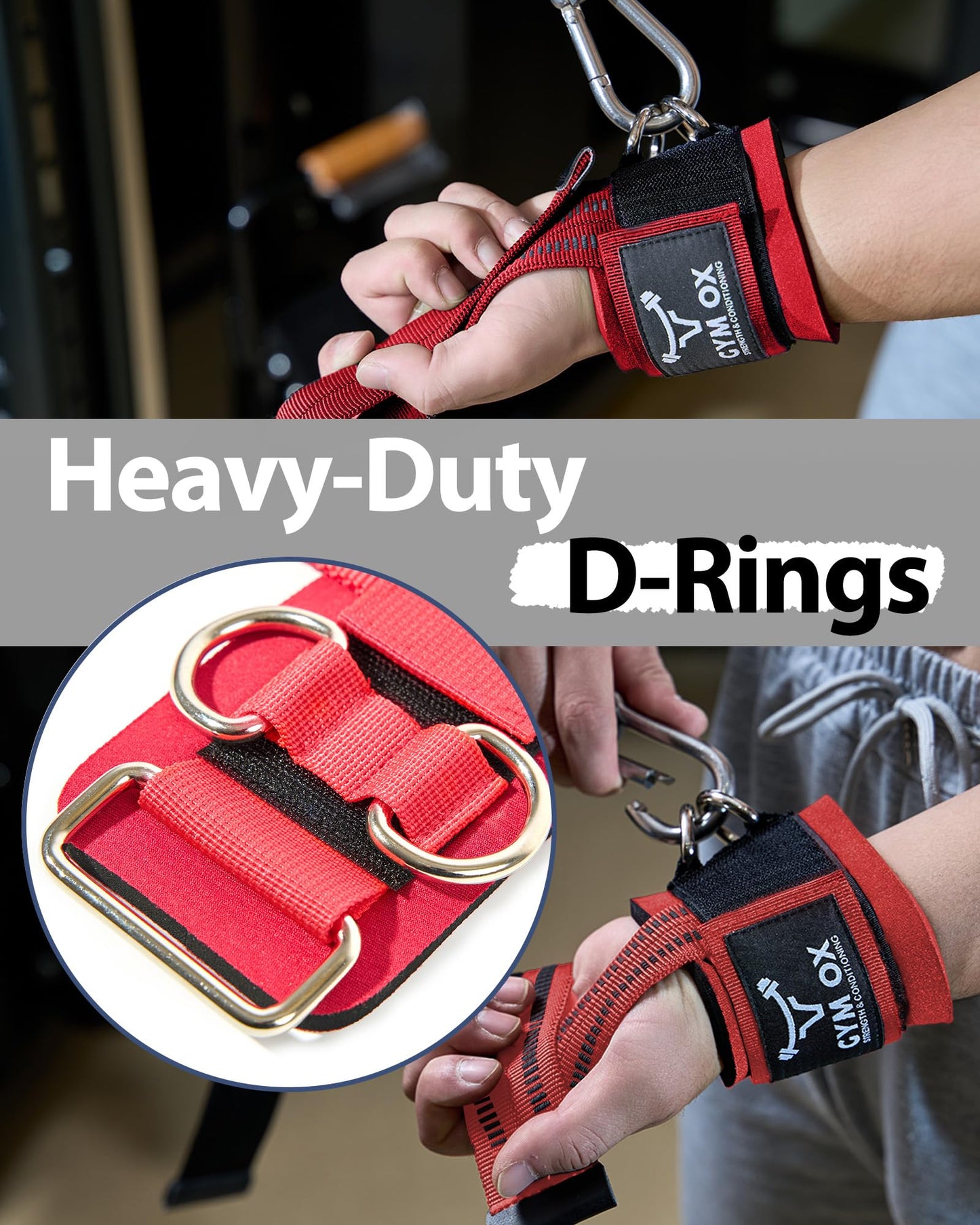 2-in-1 Weight Lifting Straps with D Ring, 7mm Neoprene Padded Wrist Support for Men & Women, Heavy Duty Gym Wrist Straps & Cable Machine Attachment for Gym, Powerlifting, Rows, Pull-ups (Red)