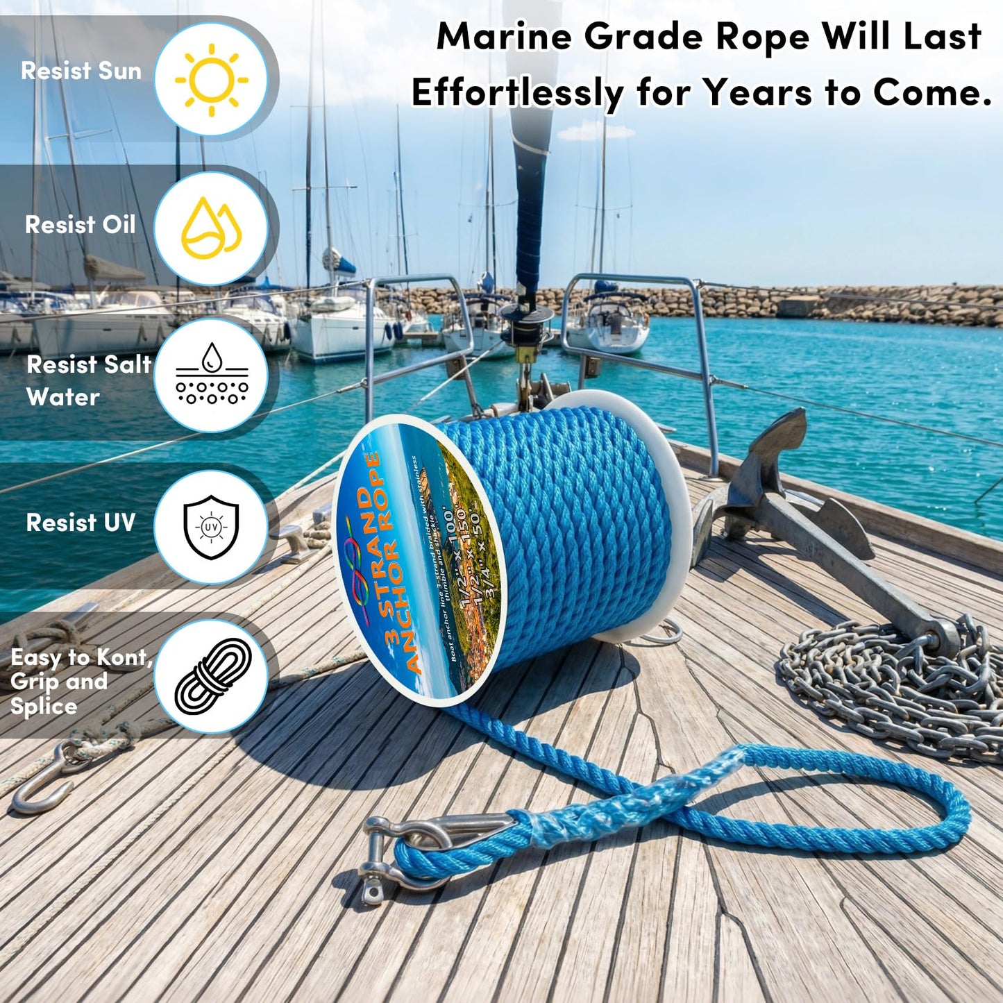 Anchor Rope 1/2 Inch 100 FT, Anchor Line 3 Strand Boat Rope with Stainless Steel Thimble & Shackle, Boat Anchor Rope Ideal for Towing Docking Mooring Boats Up to 35' - Lake Blue