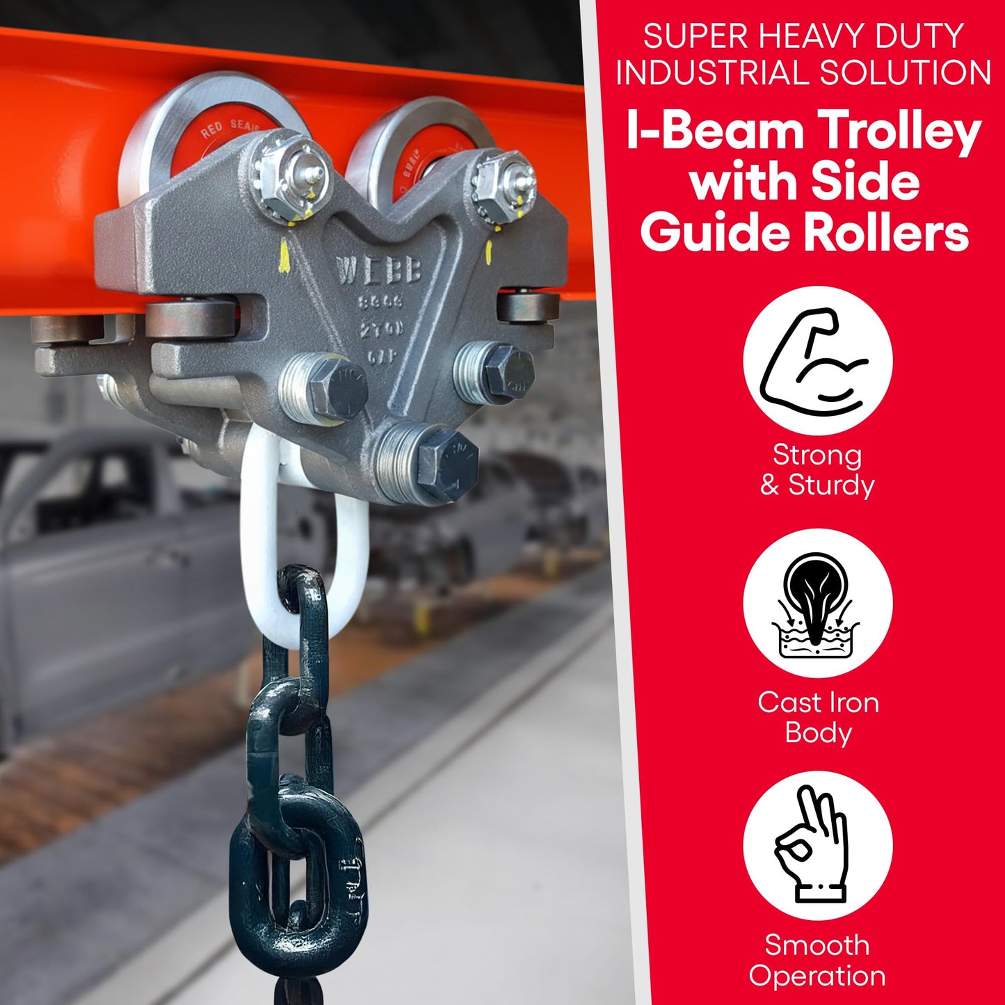 Ultimation Beam Trolley - Super Heavy Duty 2 Ton (4,000 lbs Capacity) Industrial Grade Hand Push Conveyor Trolley for I-Beams, Chain Hoists, Adjustable Lifting, Monorail, Rollers, and Hoist Systems