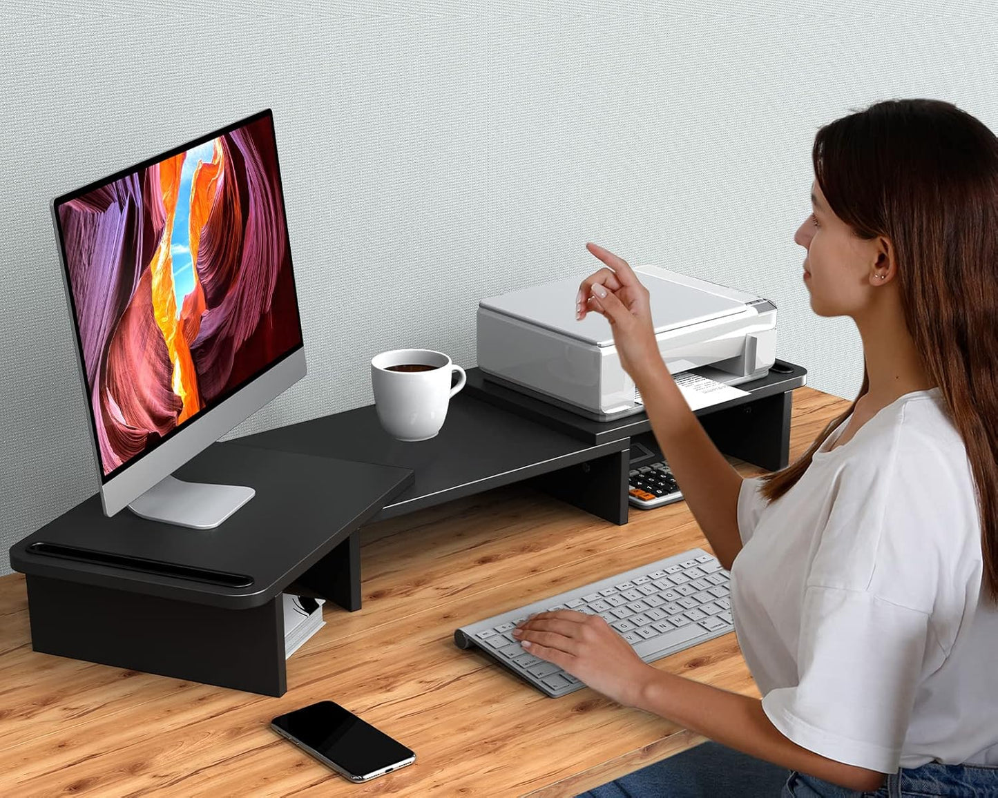 2 Zimilar Dual Monitor Stand Riser, Monitor Stand with Adjustable Length and Angle, Wood Monitor Stand for Desk