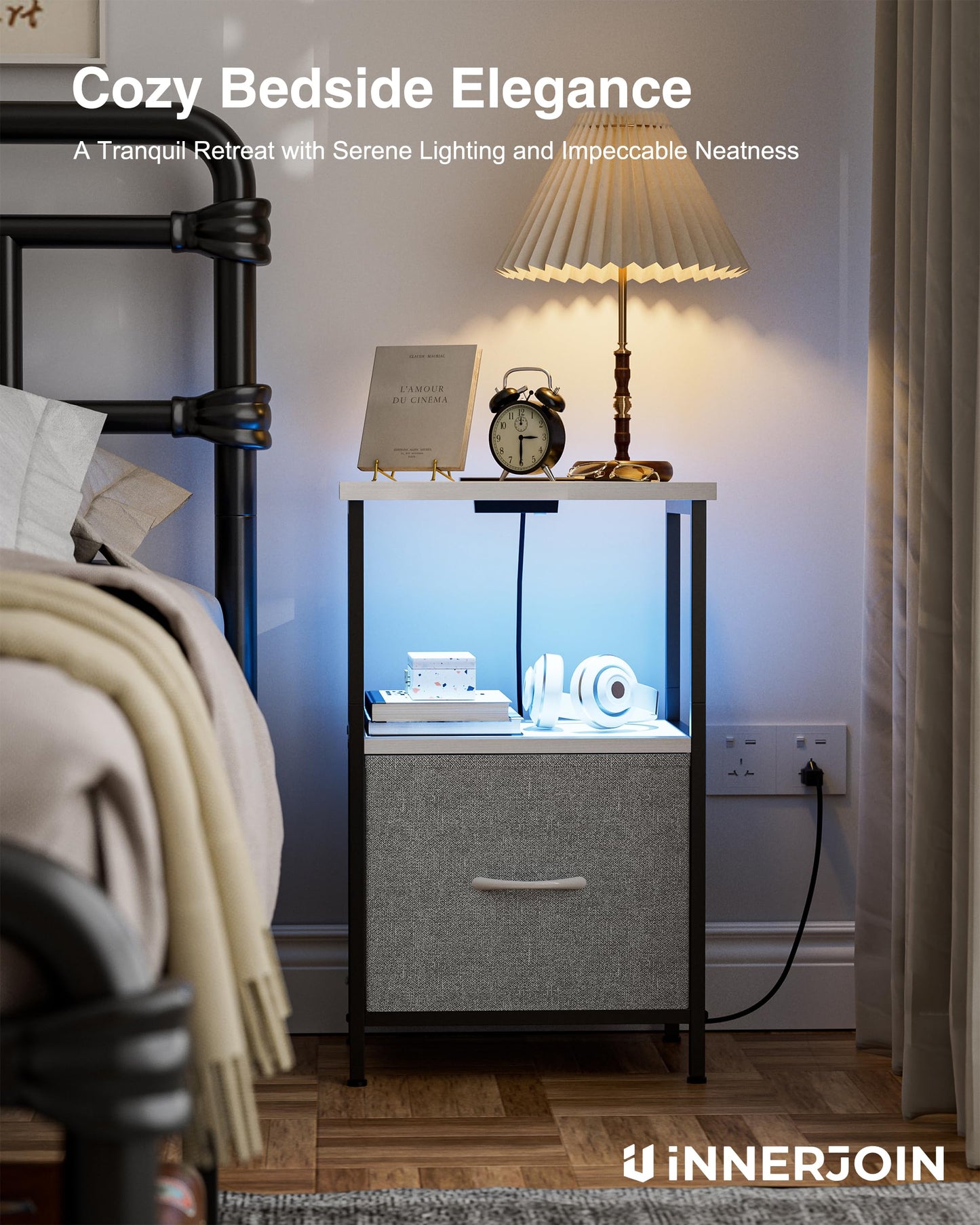 Innerjoin Nightstand with Charging Station USB A&C Ports, LED Nightstand with 2 Drawers & Storage Shelf, Bed Stand Side End Table for Bedroom Living Room Dorm, White