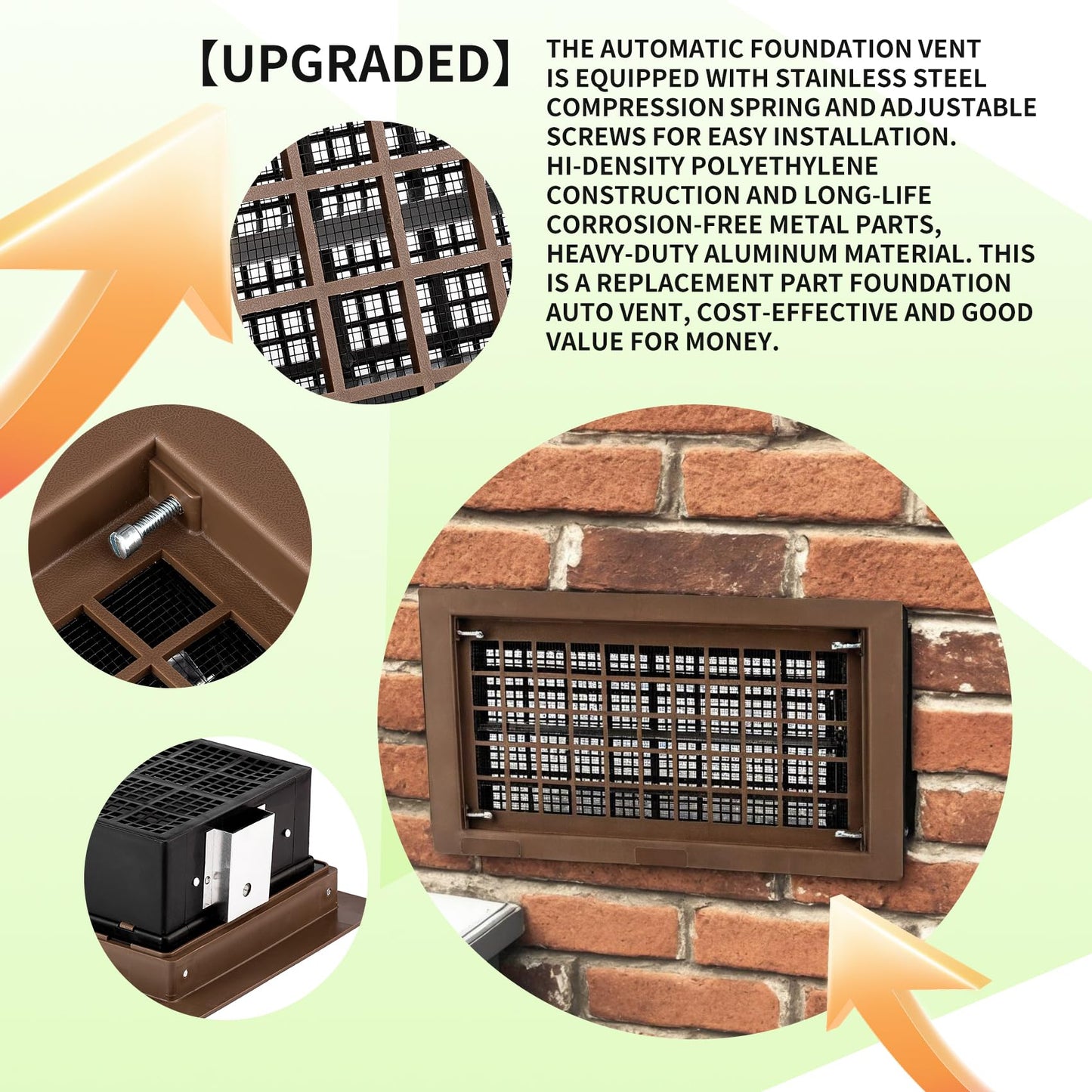 10 Pack 8" x 16" Automatic Foundation Vent for Ventilating Crawl Space Replacement Auto Air Vent, Brown