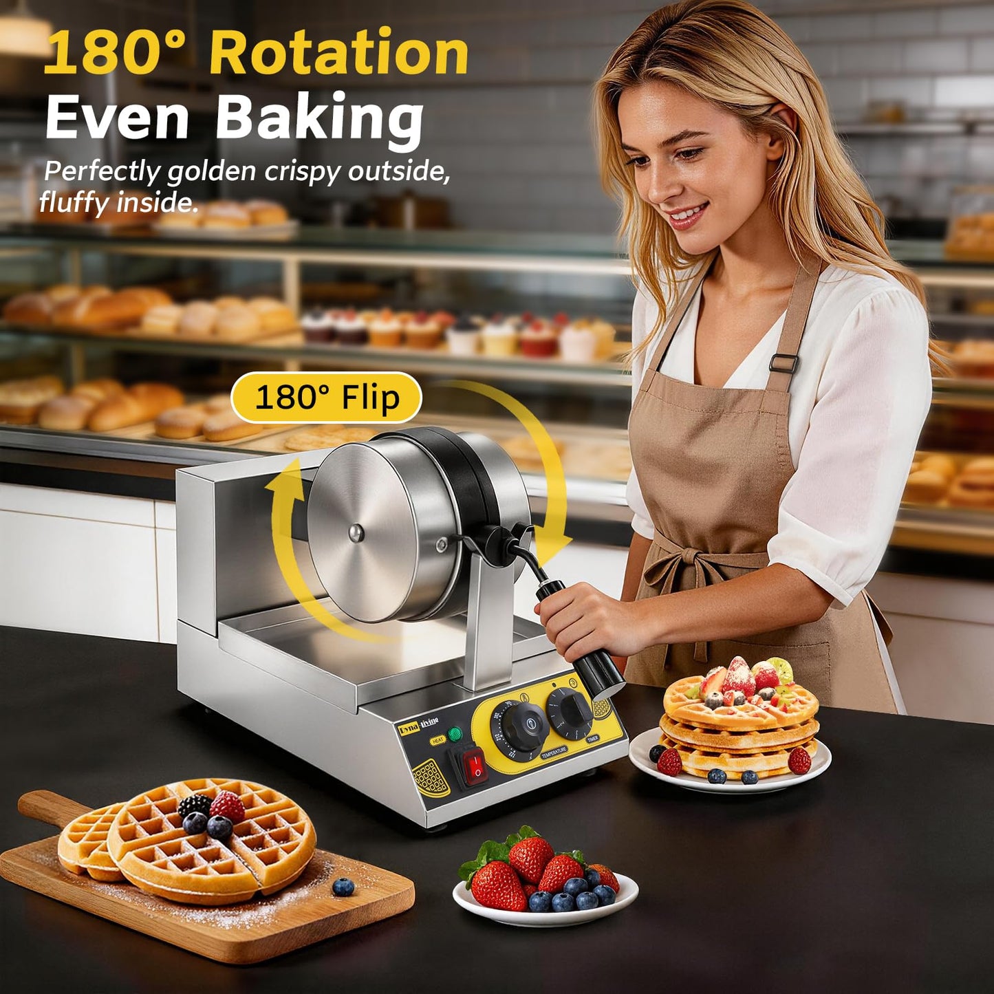 Dyna-Living Commercial Waffle Maker Belgian Waffle Iron for Restaurant, 1200W Flip Professional Waffle Maker Non-Stick Electric Restaurant Waffles Machine for Bakery Snack, 122℉-572℉ Temp Adjustable
