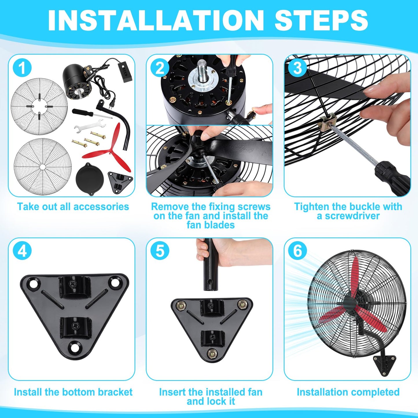 Aurelema 2 Set 22 Inch Wall Mount Fan Oscillating Industrial Heavy Duty Metal 3 Speed Red Blade Fan, 7500 CFM, with Powerful Cooling, for Commercial Residential Garage Warehouse Workshops Factory