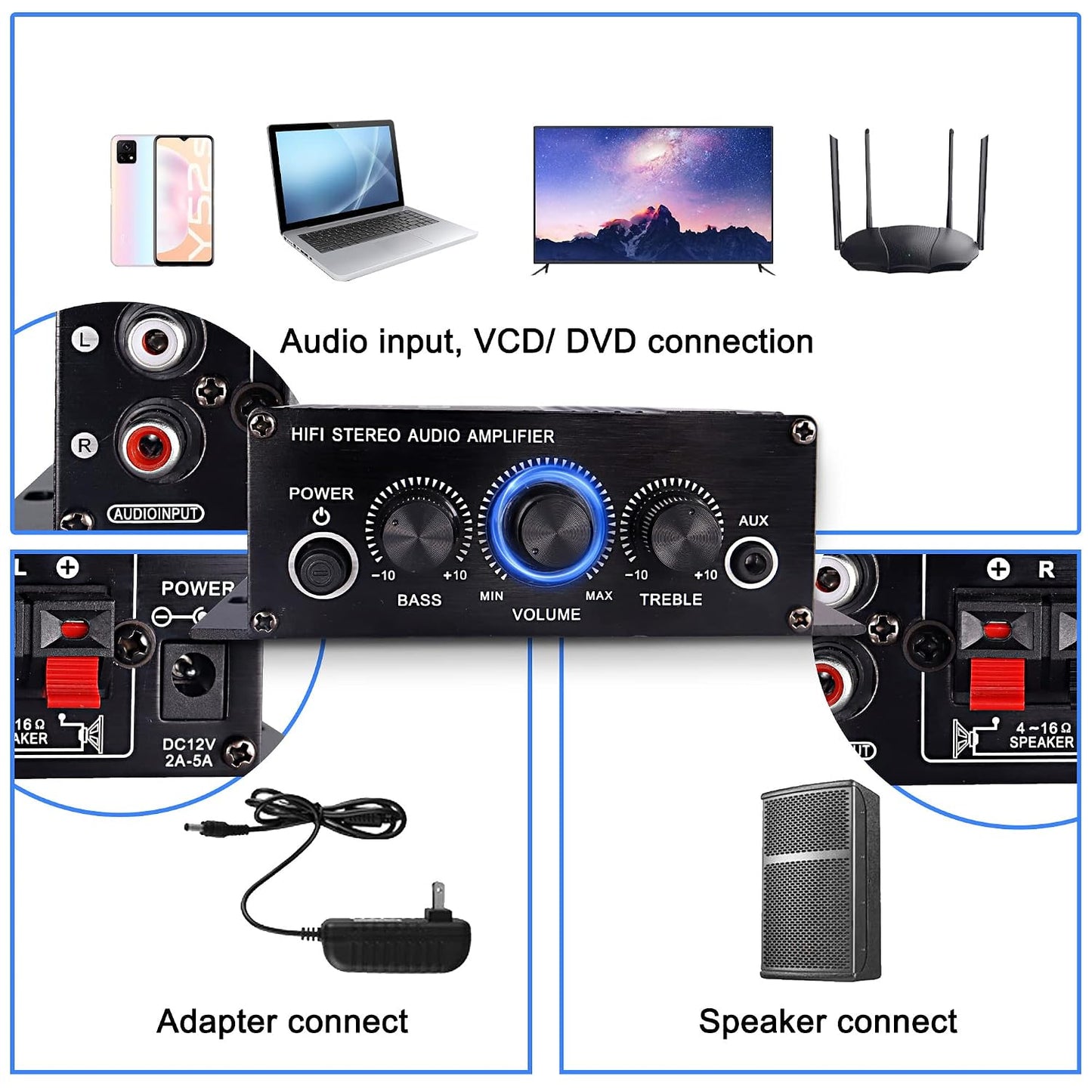 12V 2 MP3 XMSJSIY HiFi Stereo Audio Amplifier for Car Channel HiFi Bass Audio Subwoofer Amp for Cars CD DVD Player