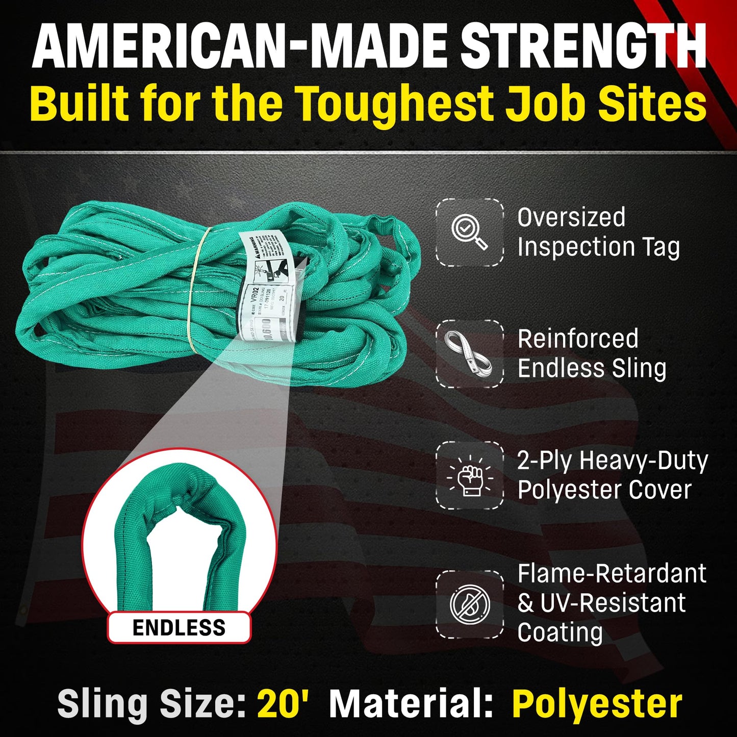 Chenango Supply VR2 Green Round Sling, 20 ft – USA Made, 5,300 lb Vertical, 4,240 lb Choker, 10,600 lb Basket – Double-Ply Cover Endless Poly Rigging Sling for Lifting & Material Handling (20 ft)