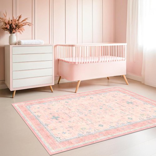 Hazo Haus Nursery Area Rug - Charming Boho Vintage Design | Washable 4x6 Pink Rug for Kids' Rooms