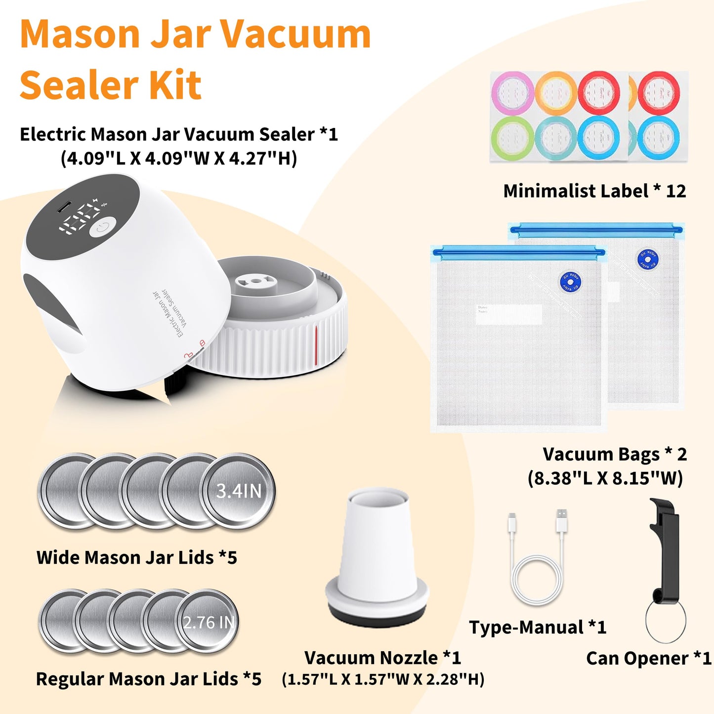 3 in 1 Electric Mason Jar Vacuum Sealer Kit, Auto Stop Jar Vacuum Sealer for Mason Jar Wide & Regular Mouth & Sous Vide Bags Compact vacuum sealer for Food White
